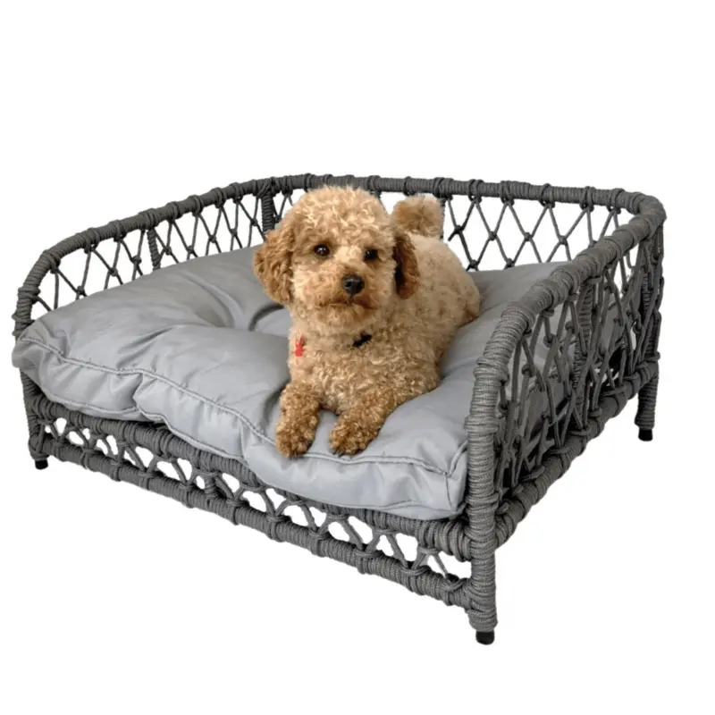 Jacob Outdoor Wicker Rope Elevated Dog Bed, Grey
